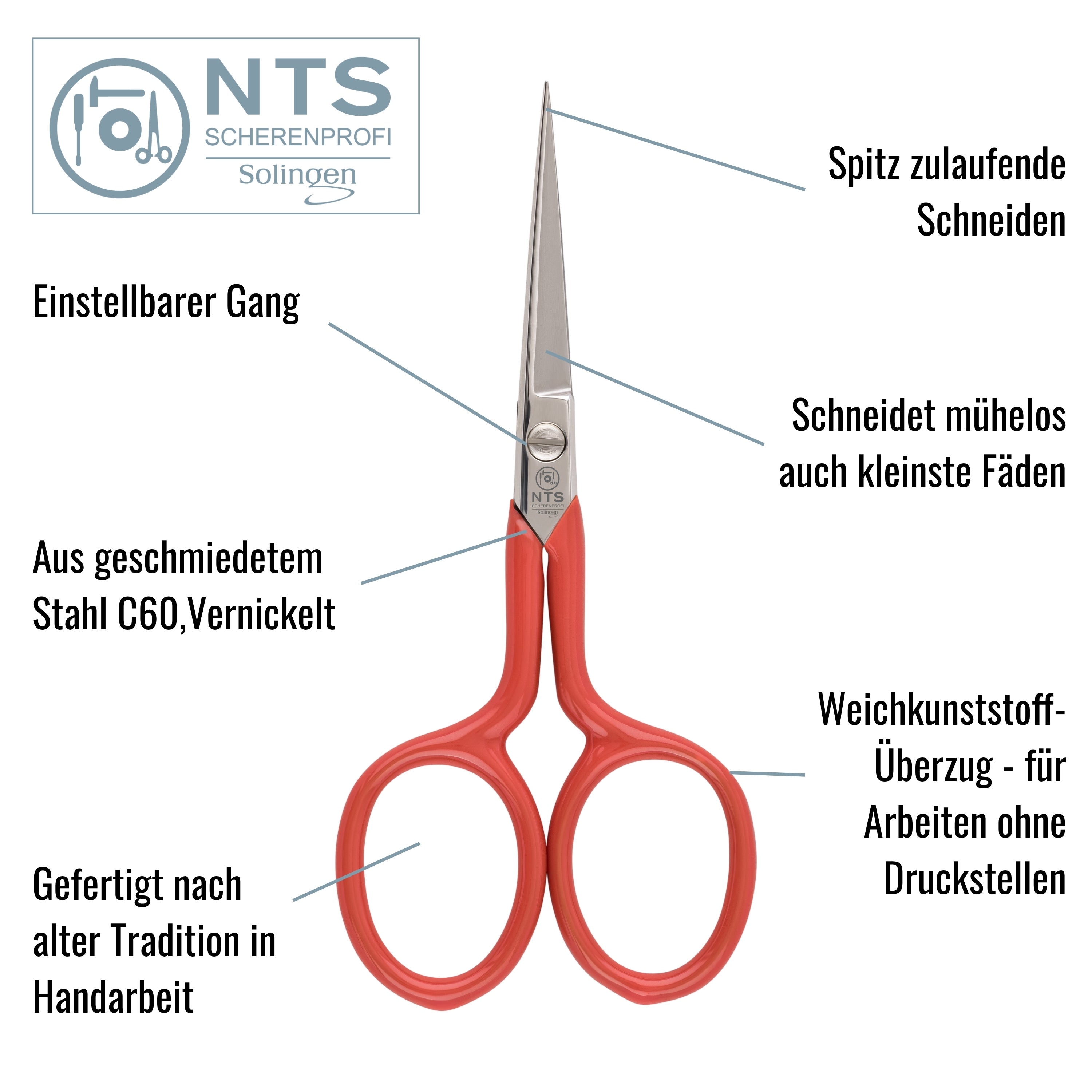 NTS Stickschere vernickelt Griffe PVC ROT 3,5" NTS Stickschere vernickelt Griffe PVC ROT 3,5"